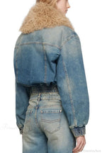 Elegant Zip Short Fur Collar Quilted Denim Jacket image 2