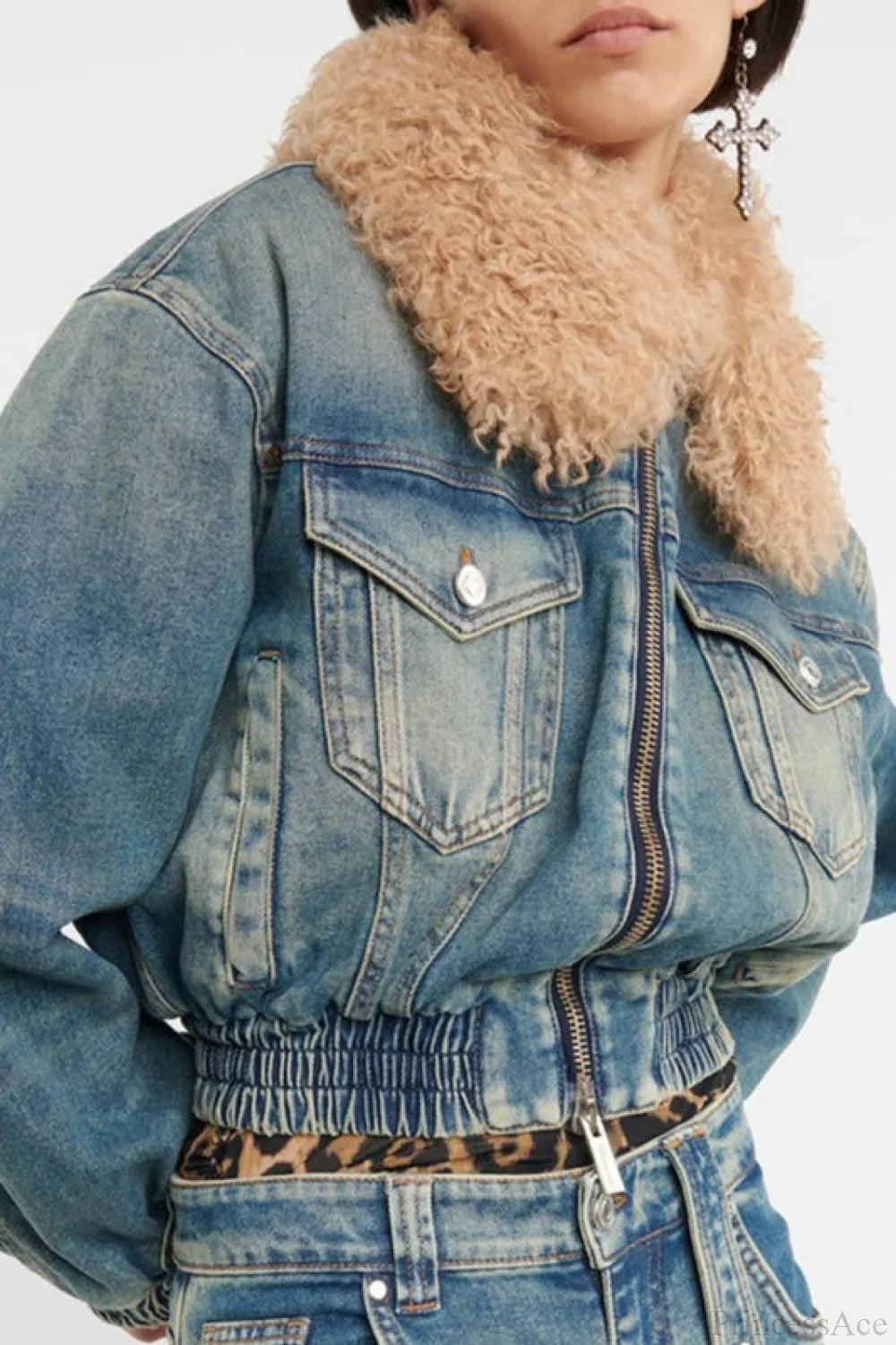 Elegant Zip Short Fur Collar Quilted Denim Jacket image 3
