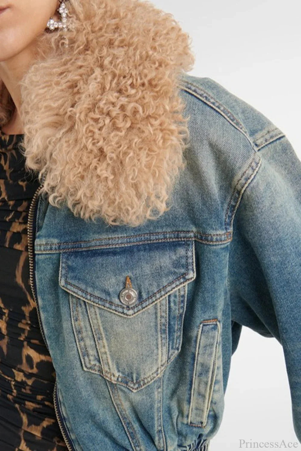Elegant Zip Short Fur Collar Quilted Denim Jacket image 4