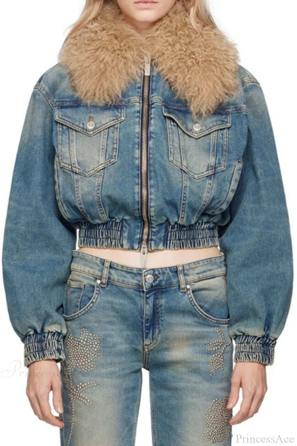 Elegant Zip Short Fur Collar Quilted Denim Jacket image 1