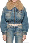 Elegant Zip Short Fur Collar Quilted Denim Jacket image 1