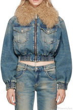 Elegant Zip Short Fur Collar Quilted Denim Jacket image 1