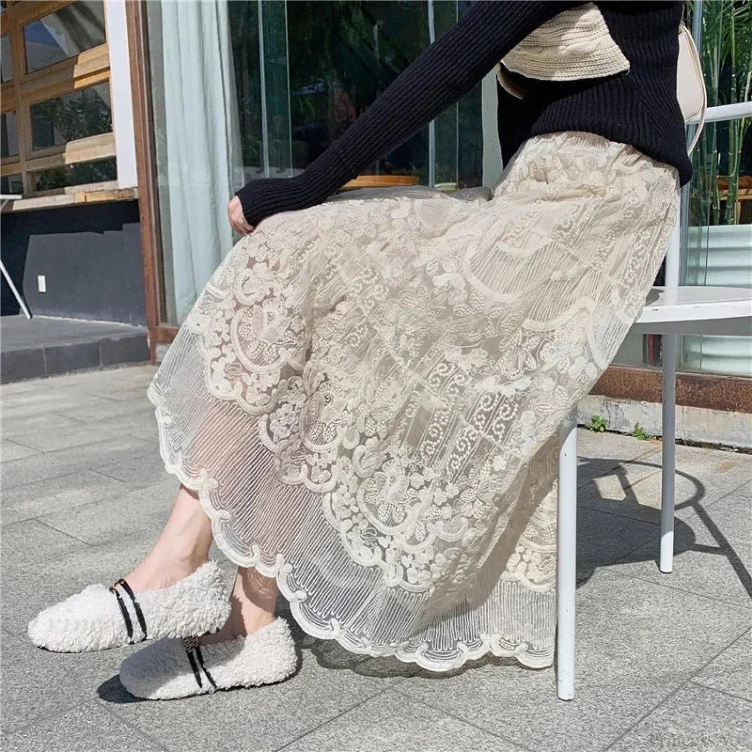 Embroidered Flower Lace High Waist Boho Skirt image 1
