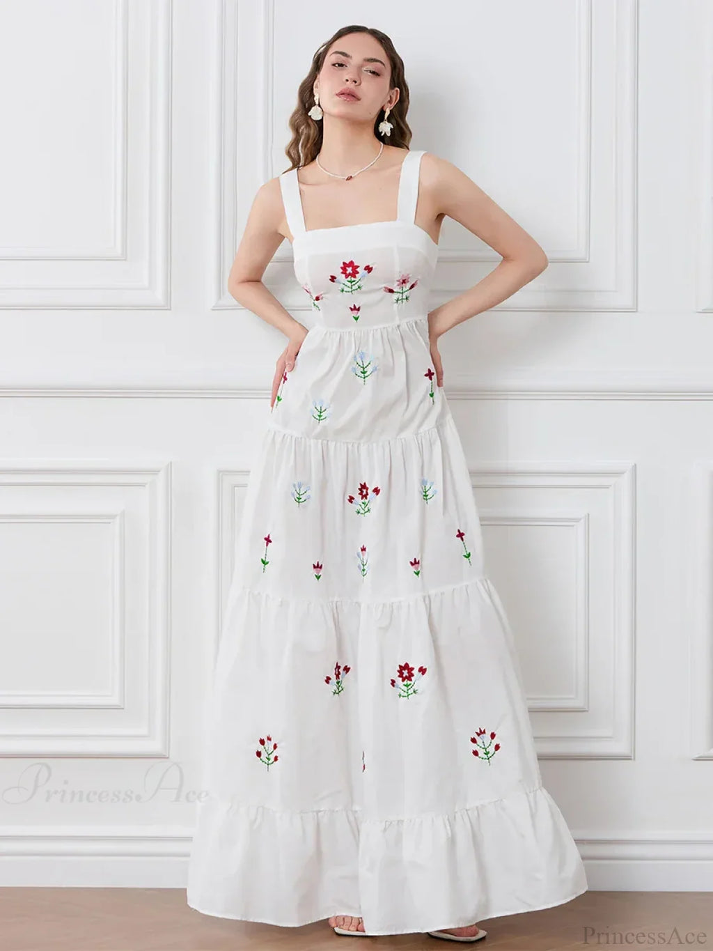 Embroidered Flower Ruched Tiered Slip Floral Dress image 1