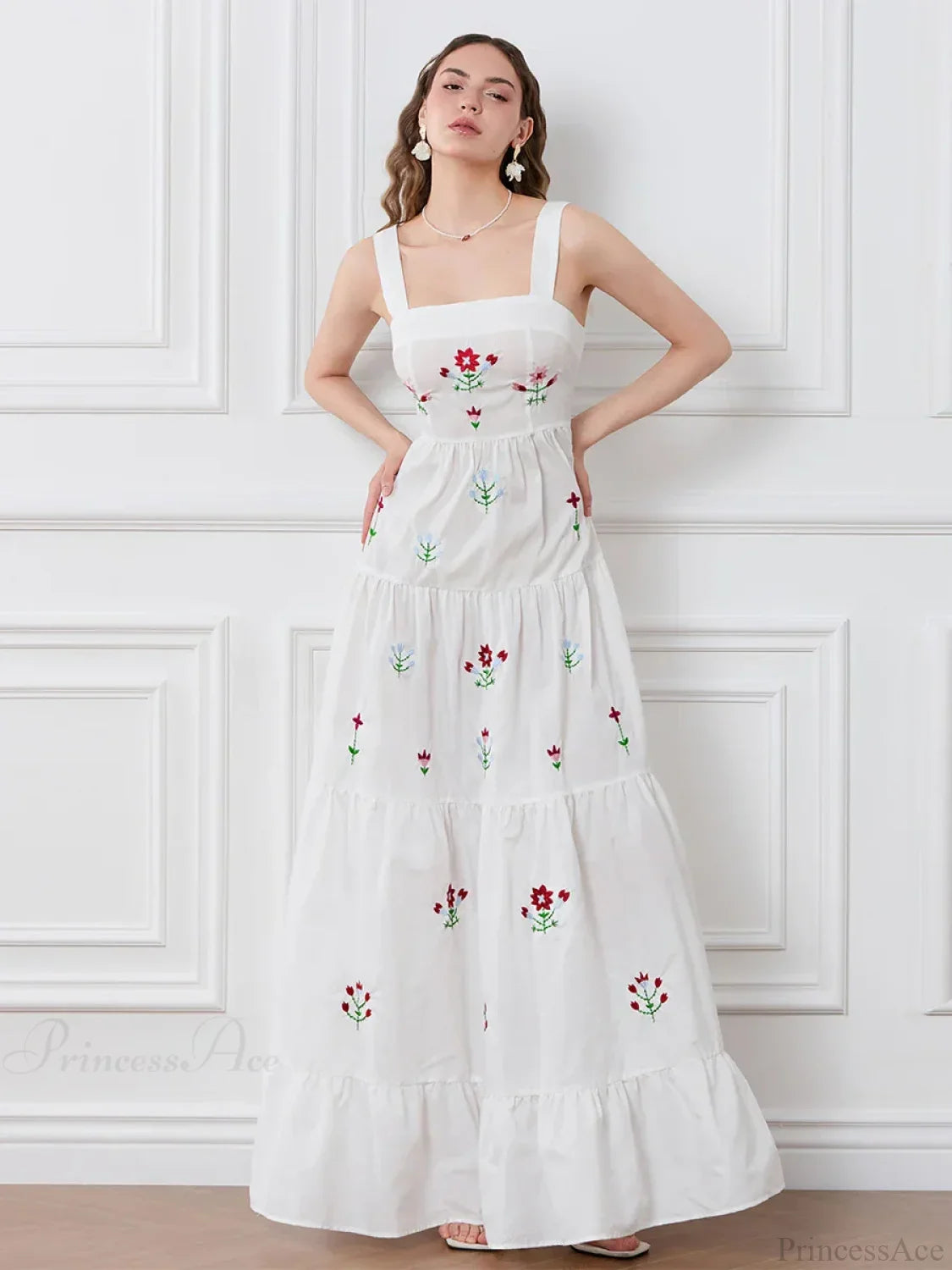 Embroidered Flower Ruched Tiered Slip Floral Dress image 1