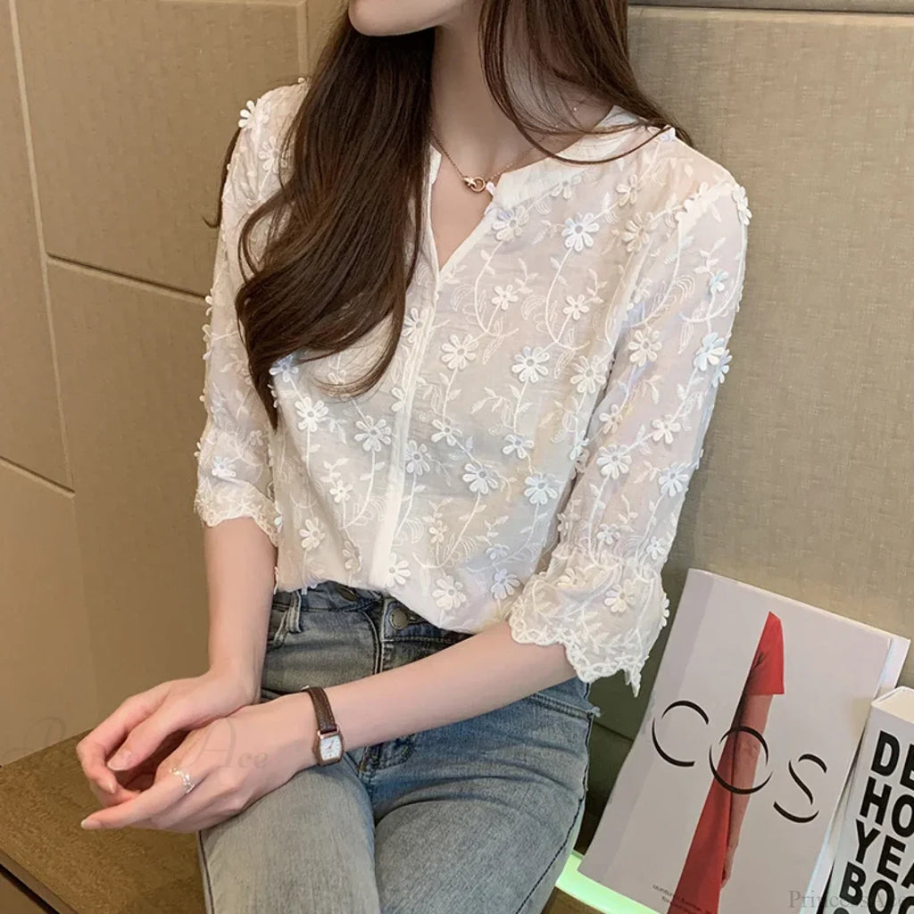 Embroidered Lace Summer Cotton White Blouse image 2