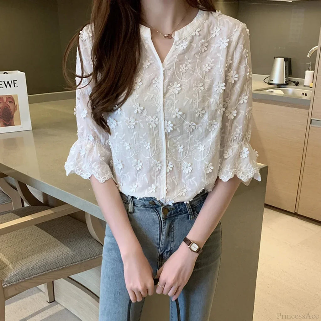 Embroidered Lace Summer Cotton White Blouse image 4