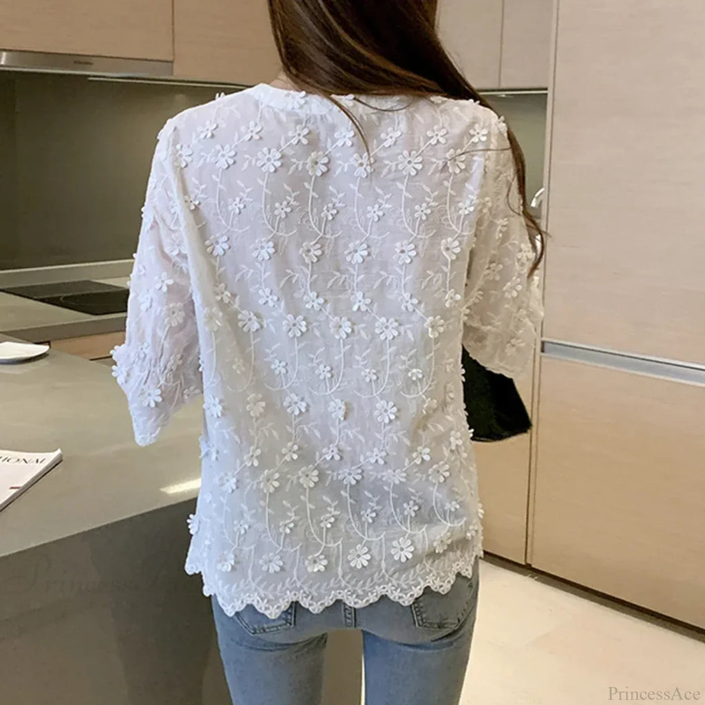 Embroidered Lace Summer Cotton White Blouse image 5