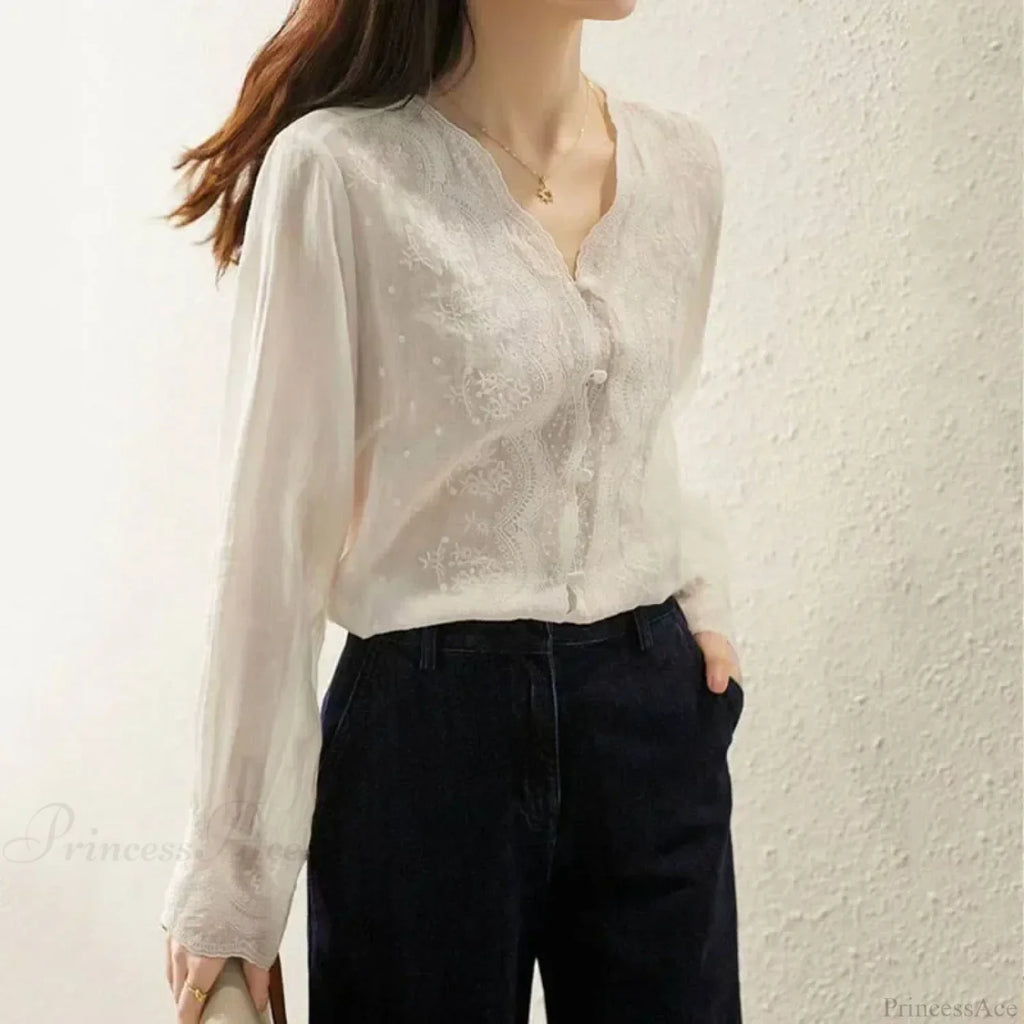 Embroidered Lace V-neck Linen Blouse Autumn Blouse image 2