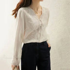 Embroidered Lace V-neck Linen Blouse Autumn Blouse image 2