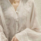 Embroidered Lace V-neck Linen Blouse Autumn Blouse image 4