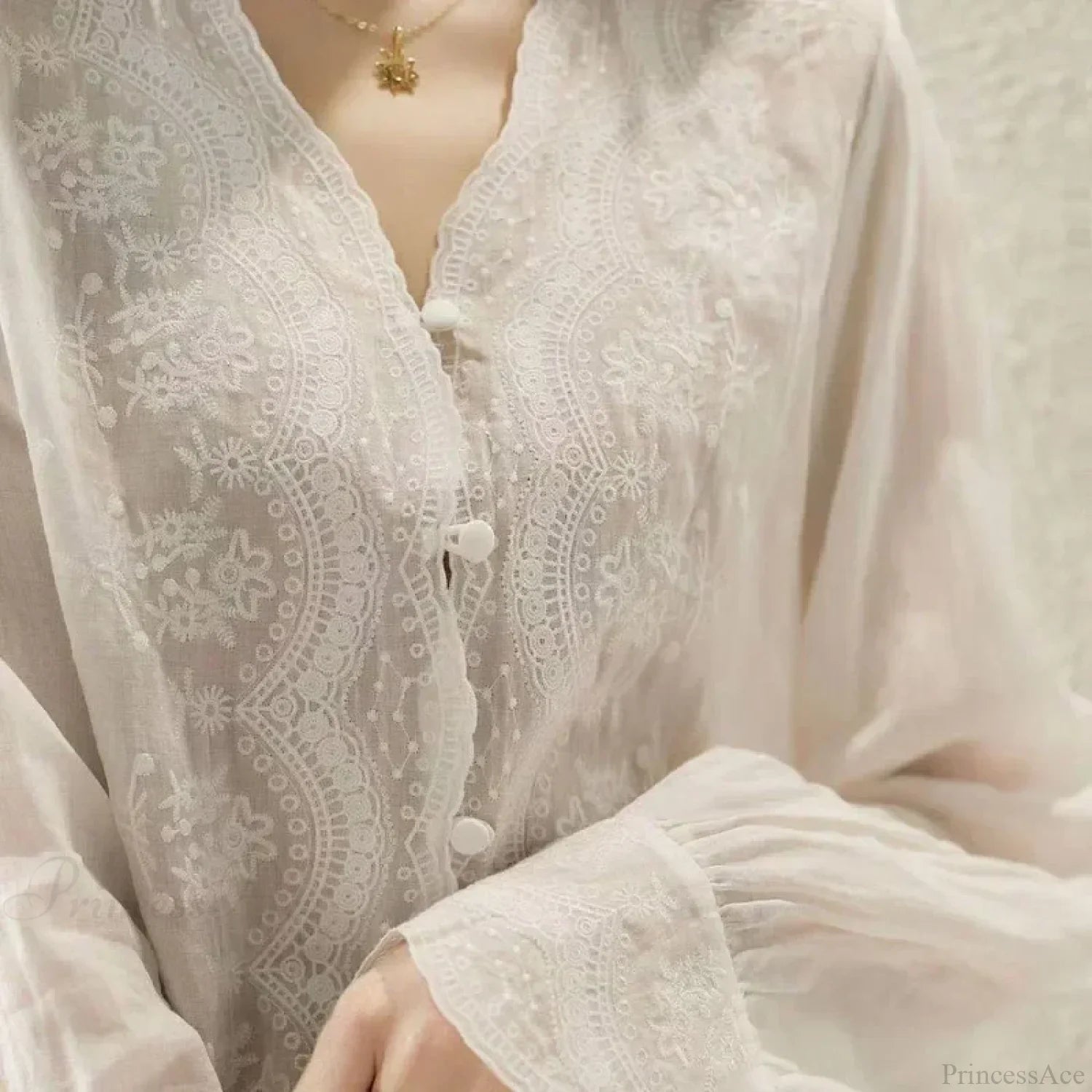 Embroidered Lace V-neck Linen Blouse Autumn Blouse image 4