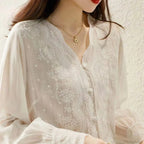 Embroidered Lace V-neck Linen Blouse Autumn Blouse image 1