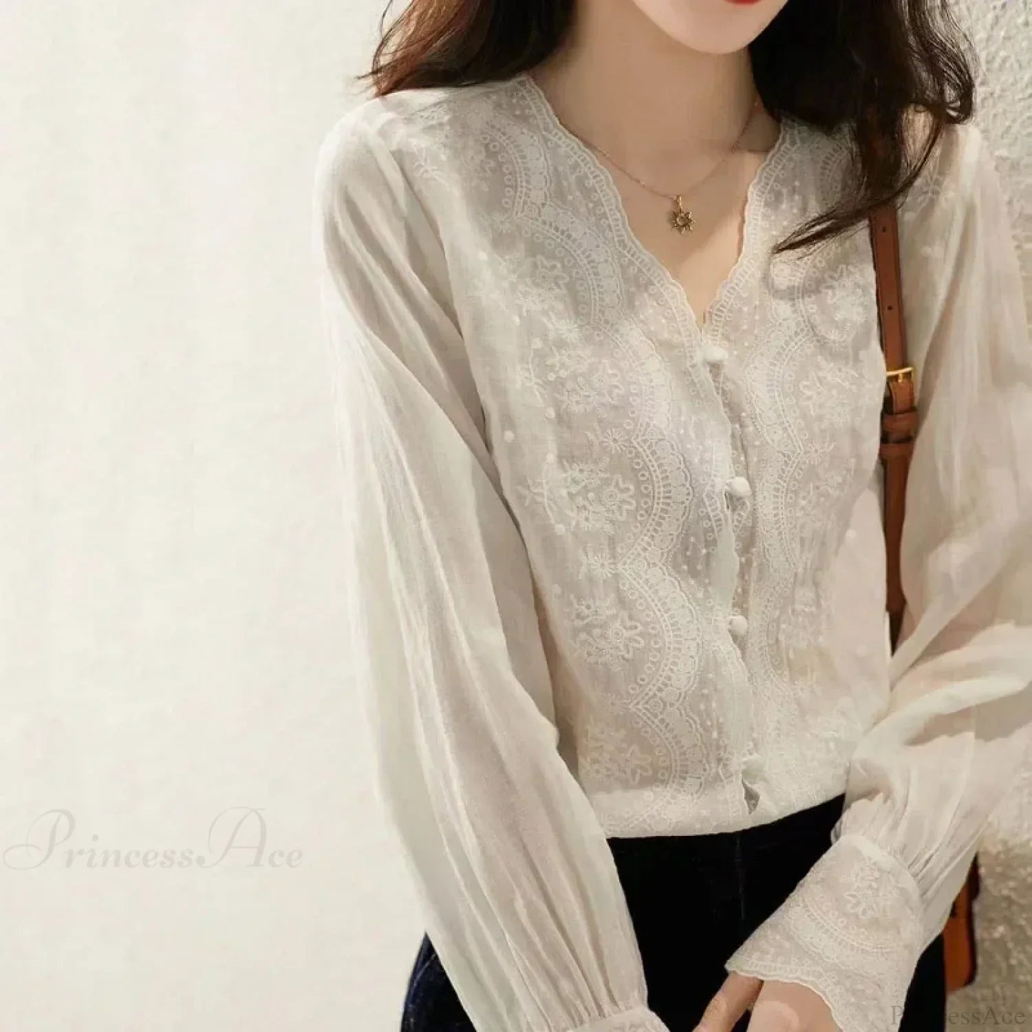 Embroidered Lace V-neck Linen Blouse Autumn Blouse image 3