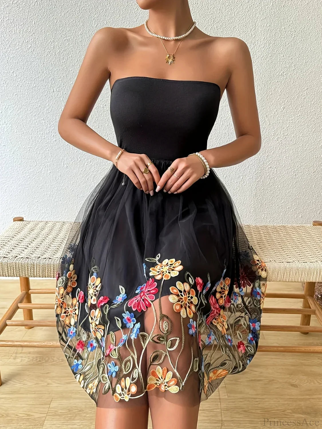 Embroidered Mesh Floral Strapless Vintage Floral Dress image 1