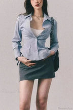 Embroidered Striped Slim Lapel Blouse image 4