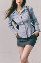Embroidered Striped Slim Lapel Blouse image 3