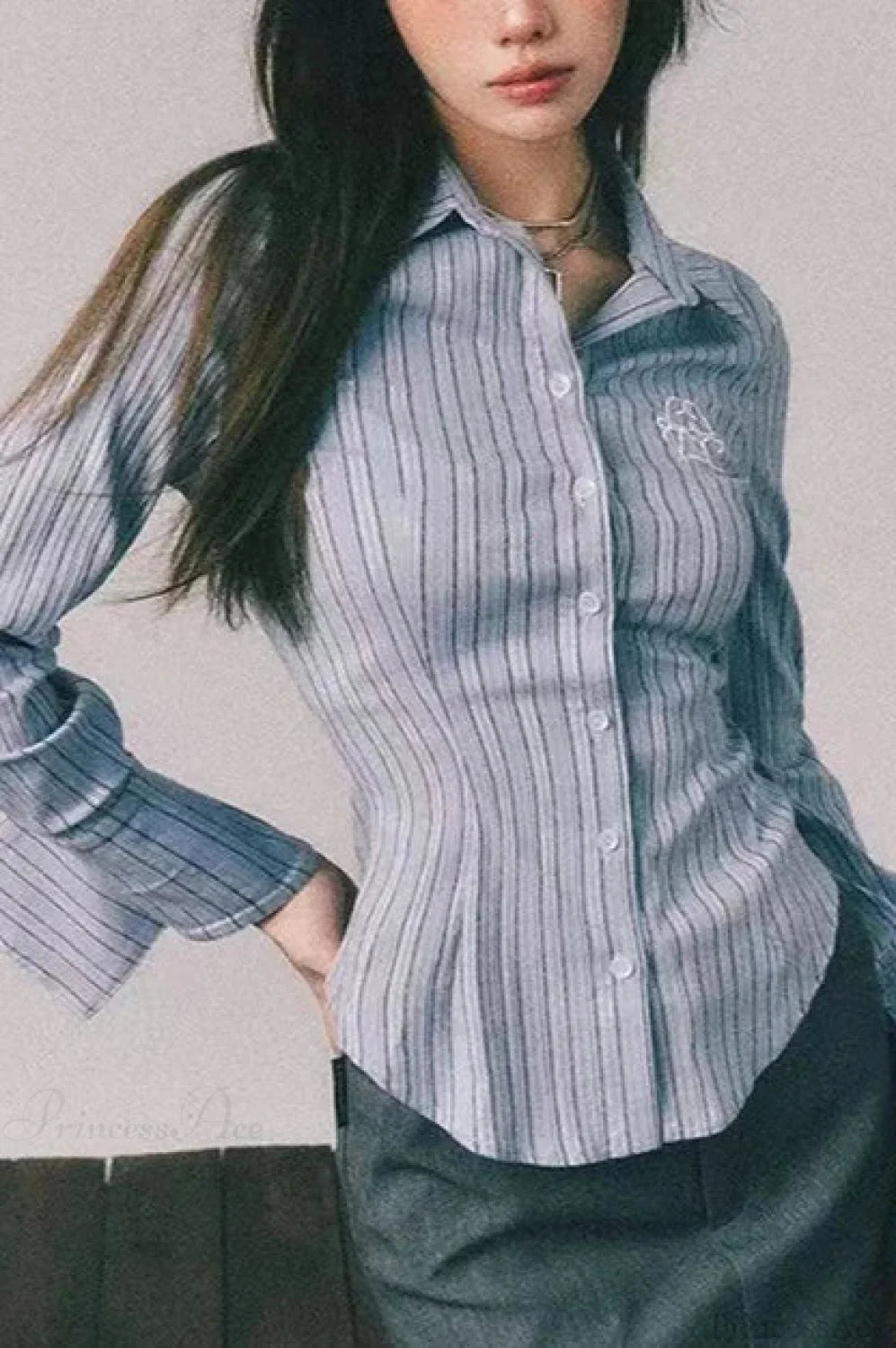 Embroidered Striped Slim Lapel Blouse image 2