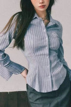Embroidered Striped Slim Lapel Blouse image 2