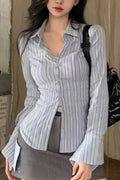 Embroidered Striped Slim Lapel Blouse image 1