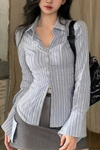 Embroidered Striped Slim Lapel Blouse image 1