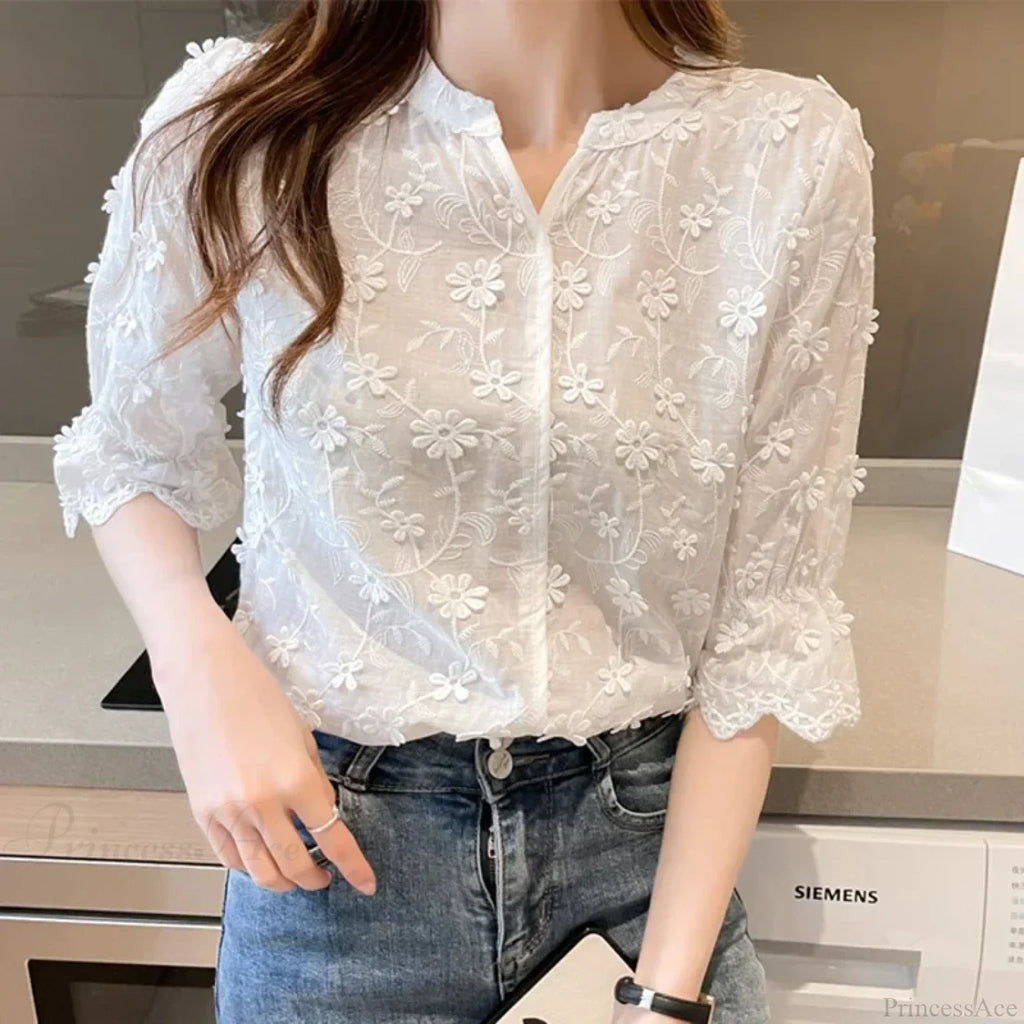 Embroidery Floral Short Sleeve White Blouse image 3