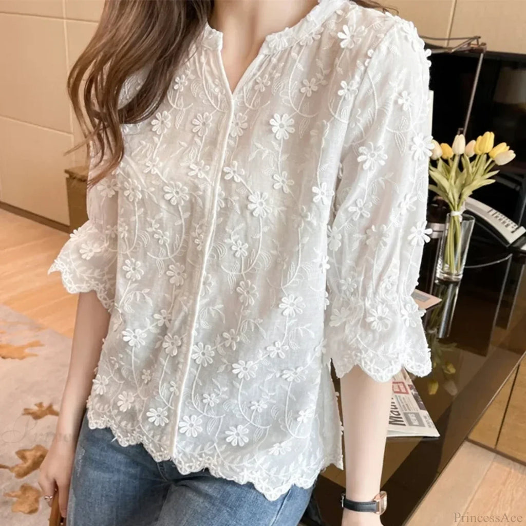 Embroidery Floral Short Sleeve White Blouse image 2