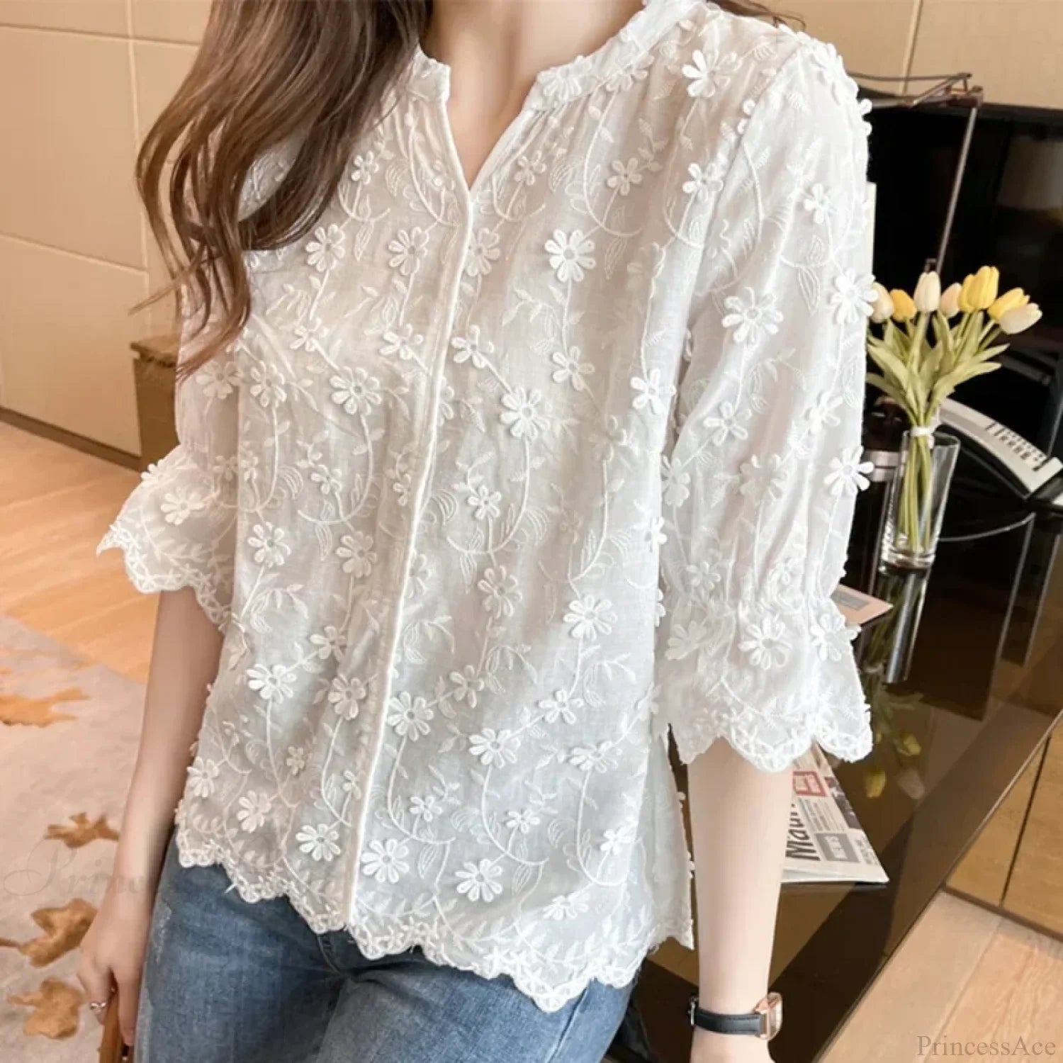 Embroidery Floral Short Sleeve White Blouse image 2