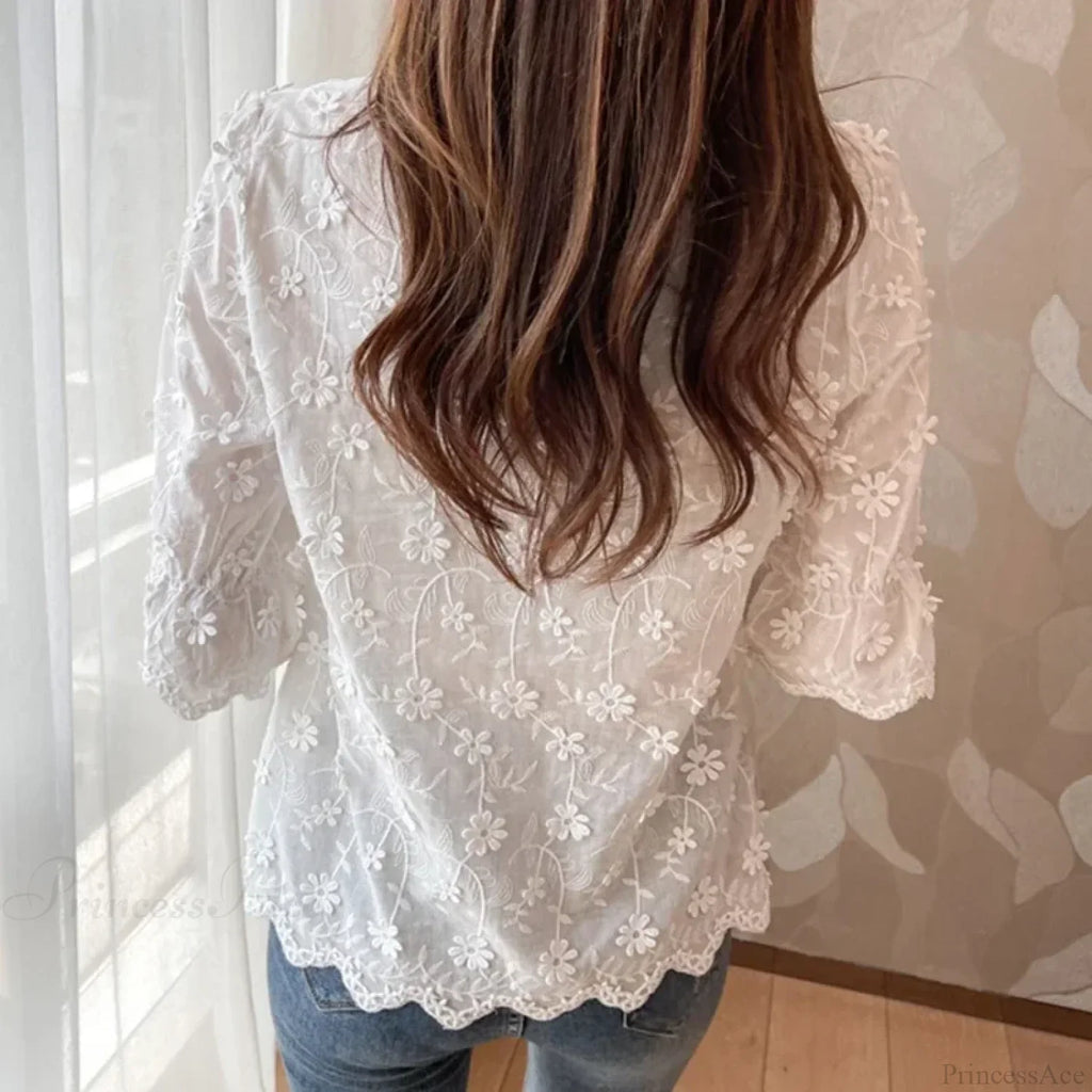 Embroidery Floral Short Sleeve White Blouse image 5