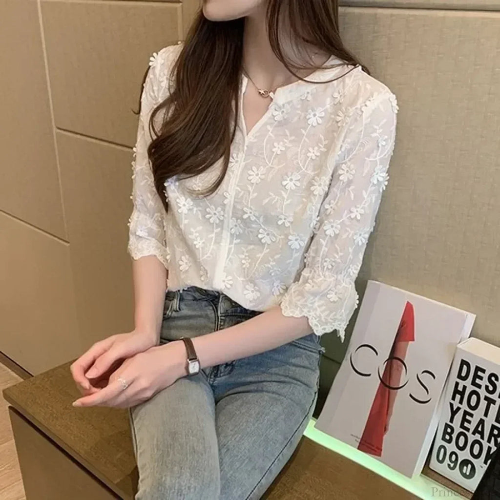 Embroidery Floral Short Sleeve White Blouse image 6
