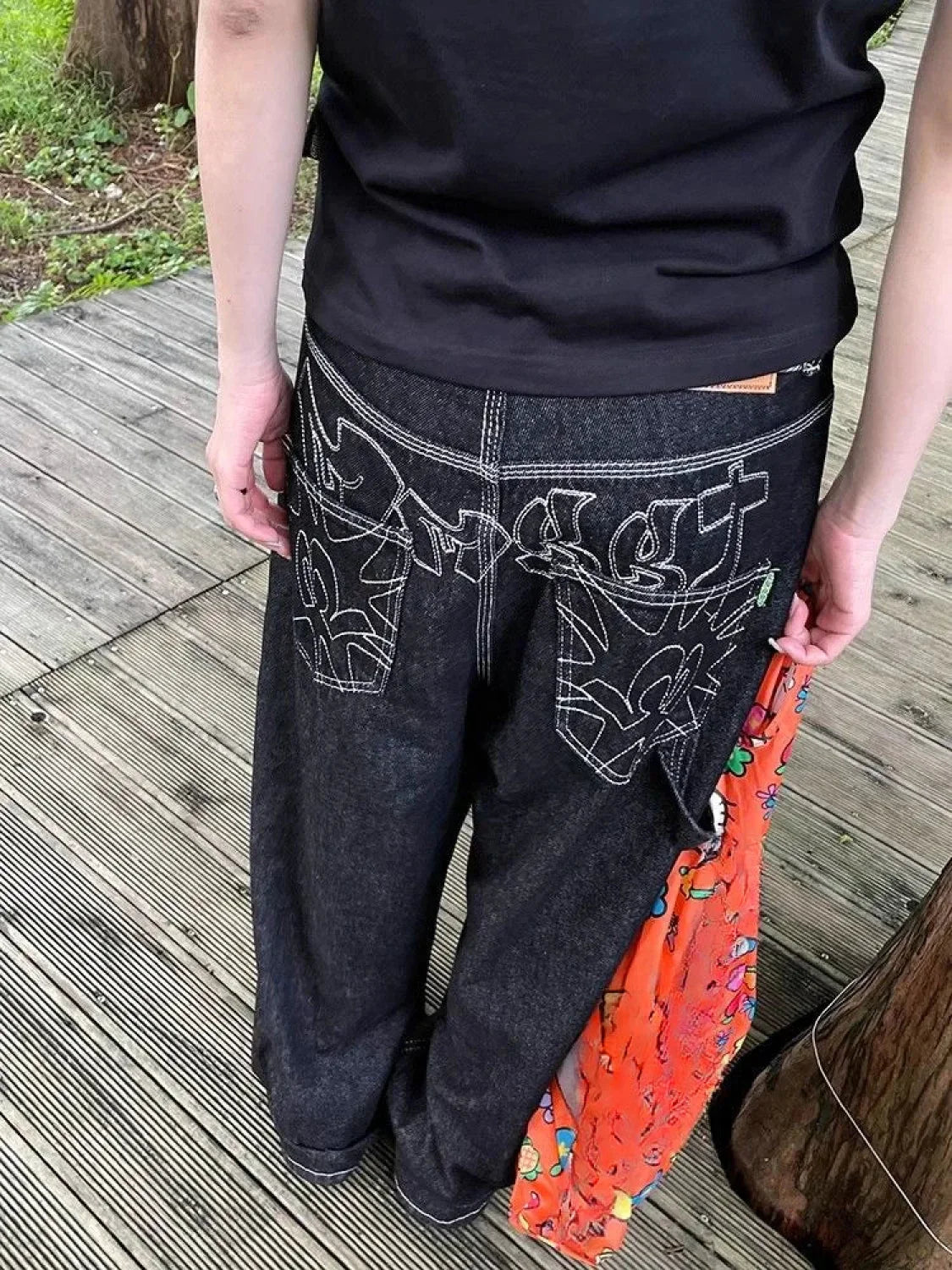 Embroidery Gothic Tall Waist Denim Pant image 1