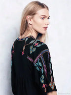 Embroidery Loose V-neck Black Elegant Boho Dress image 4