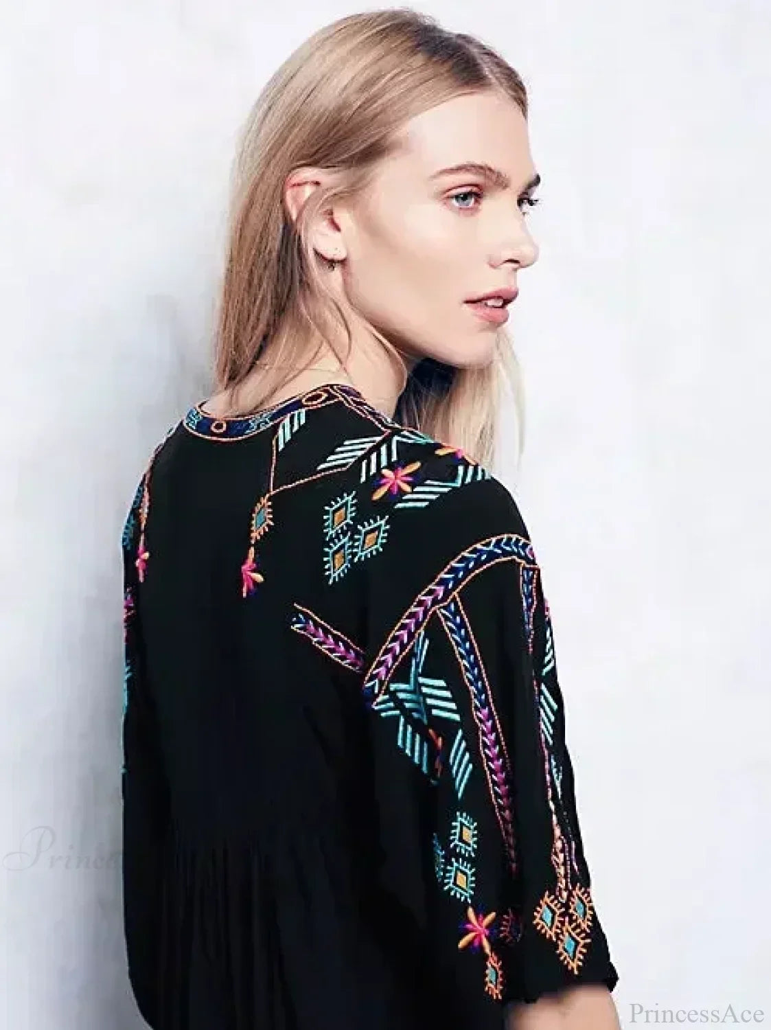 Embroidery Loose V-neck Black Elegant Boho Dress image 4