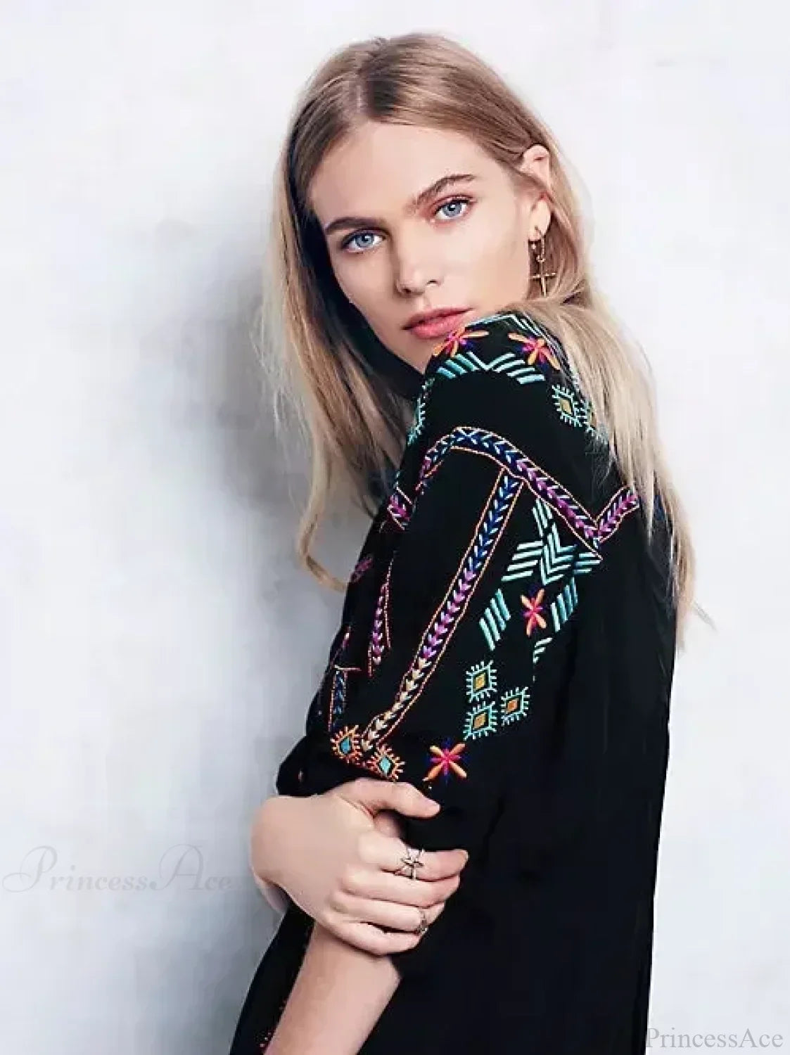 Embroidery Loose V-neck Black Elegant Boho Dress image 2