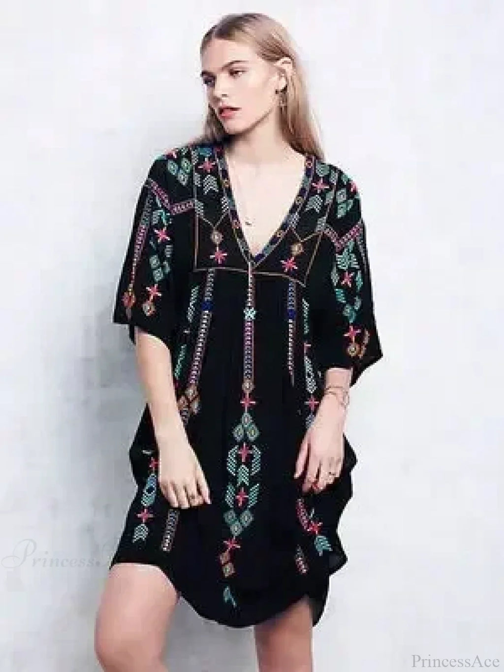 Embroidery Loose V-neck Black Elegant Boho Dress image 1