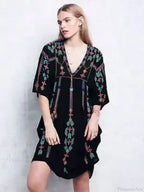 Embroidery Loose V-neck Black Elegant Boho Dress image 1