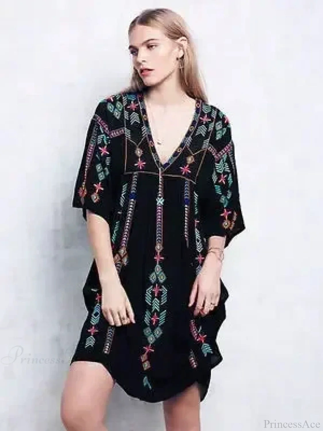 Embroidery Loose V-neck Black Elegant Boho Dress image 1
