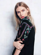 Embroidery Loose V-neck Black Elegant Boho Dress image 5