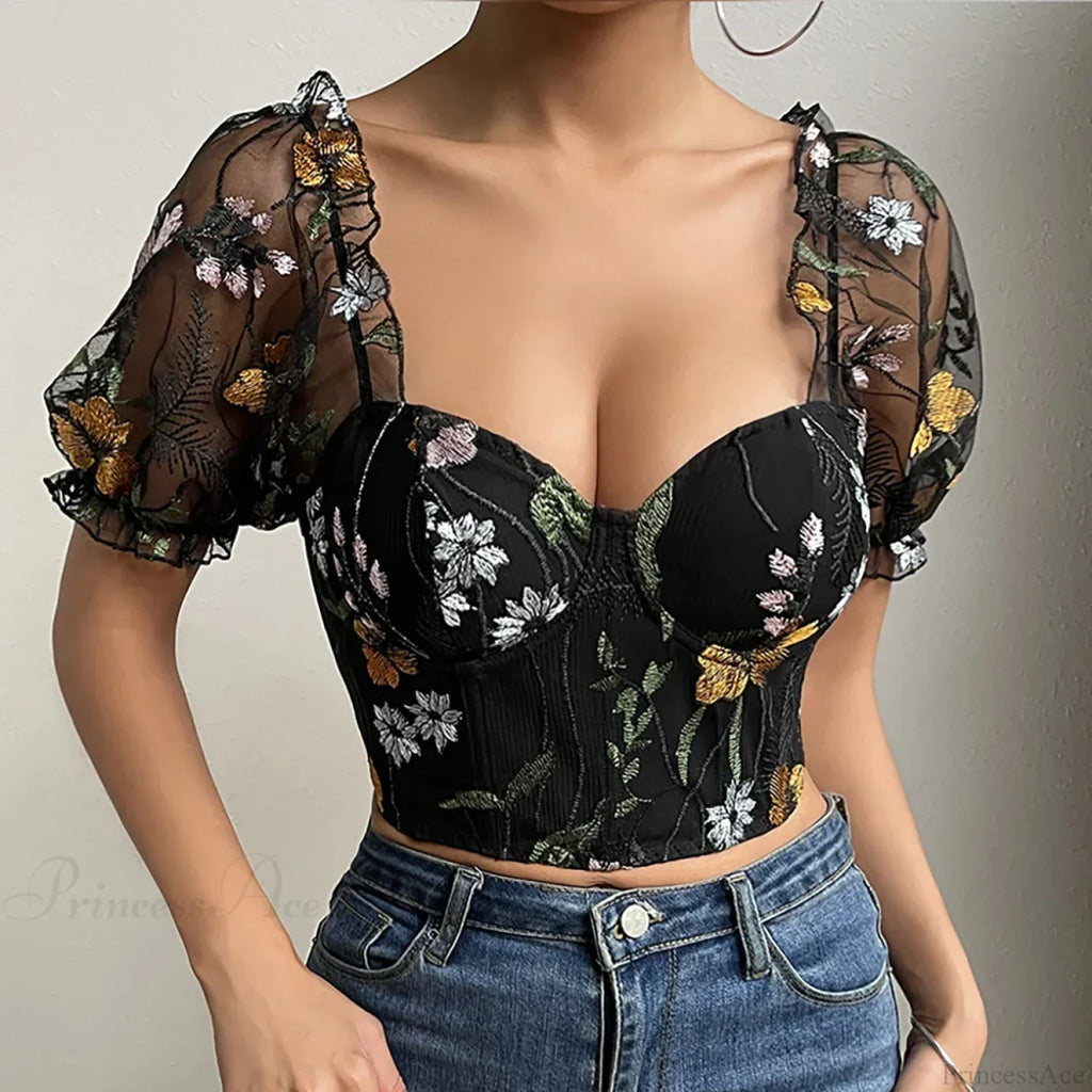 Embroidery Mesh Puff Sleeve Fishbone Corset Top image 6