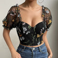 Embroidery Mesh Puff Sleeve Fishbone Corset Top image 6