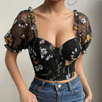 Embroidery Mesh Puff Sleeve Fishbone Corset Top image 6