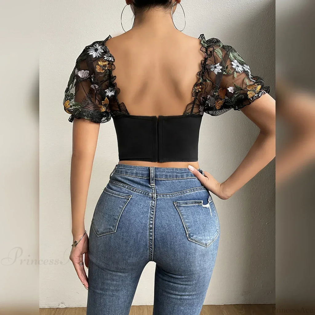 Embroidery Mesh Puff Sleeve Fishbone Corset Top image 2