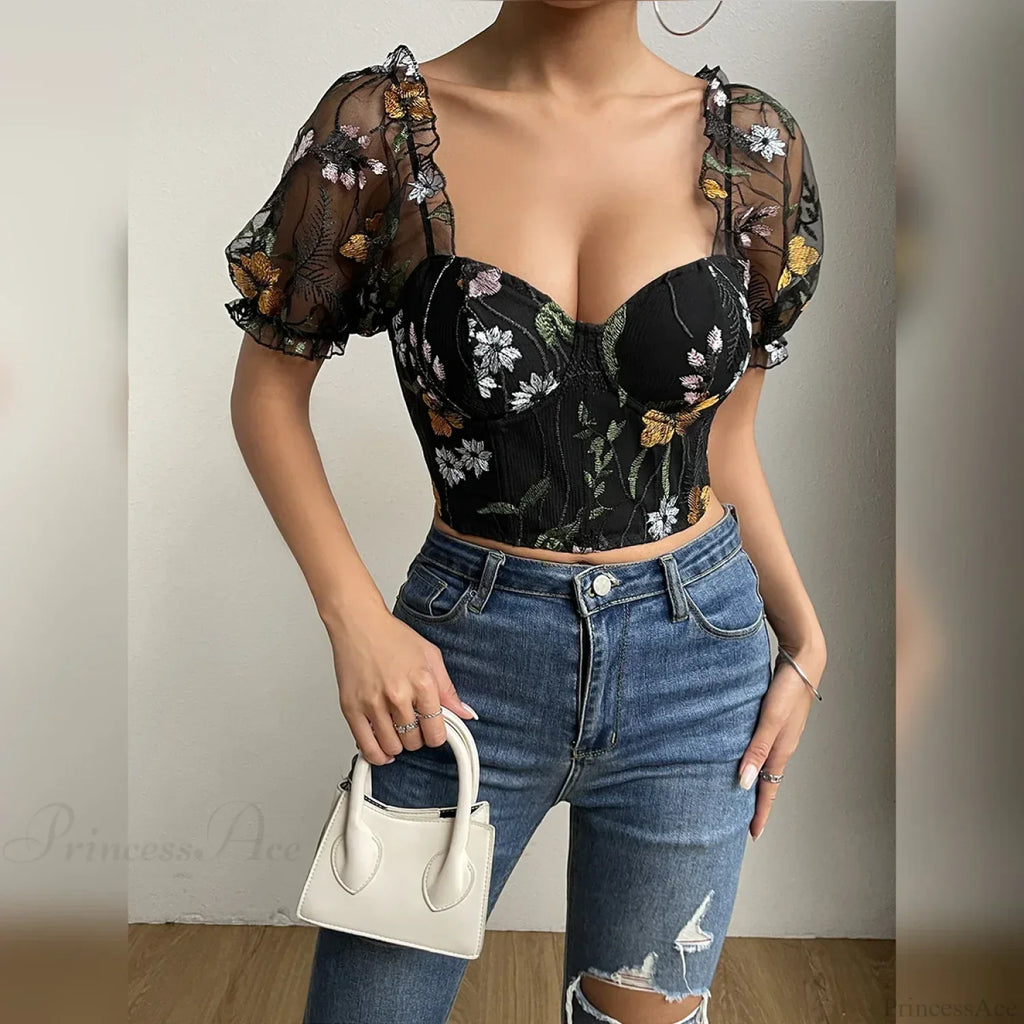 Embroidery Mesh Puff Sleeve Fishbone Corset Top image 1