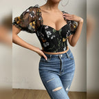 Embroidery Mesh Puff Sleeve Fishbone Corset Top image 3