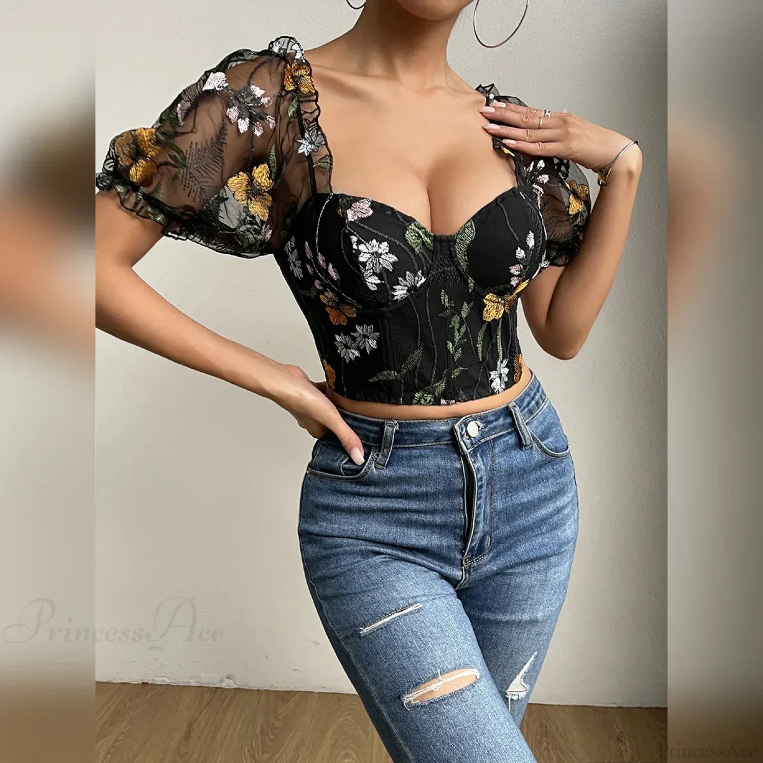 Embroidery Mesh Puff Sleeve Fishbone Corset Top image 3