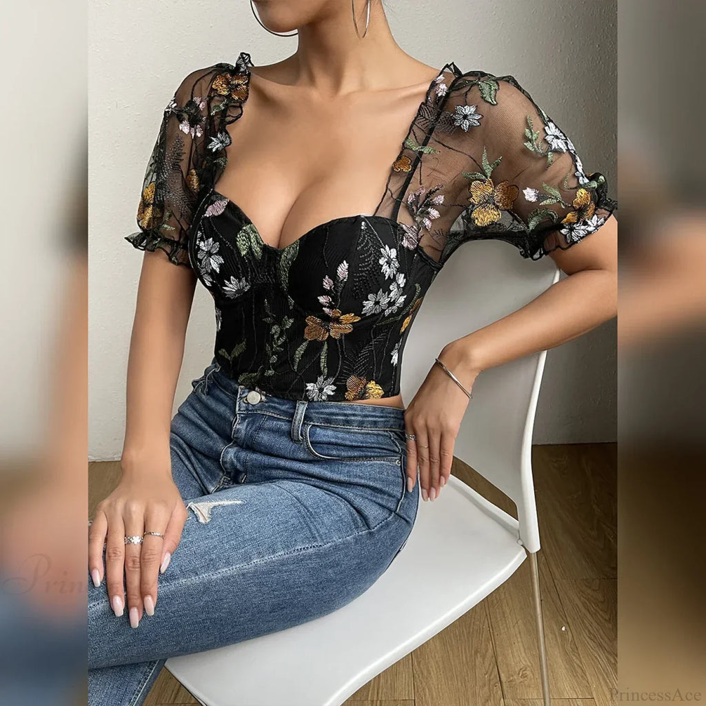 Embroidery Mesh Puff Sleeve Fishbone Corset Top image 4
