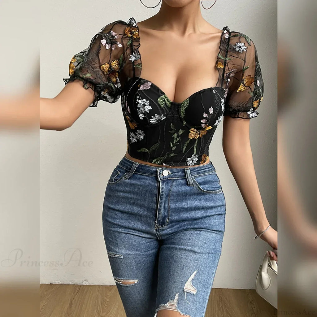 Embroidery Mesh Puff Sleeve Fishbone Corset Top image 5