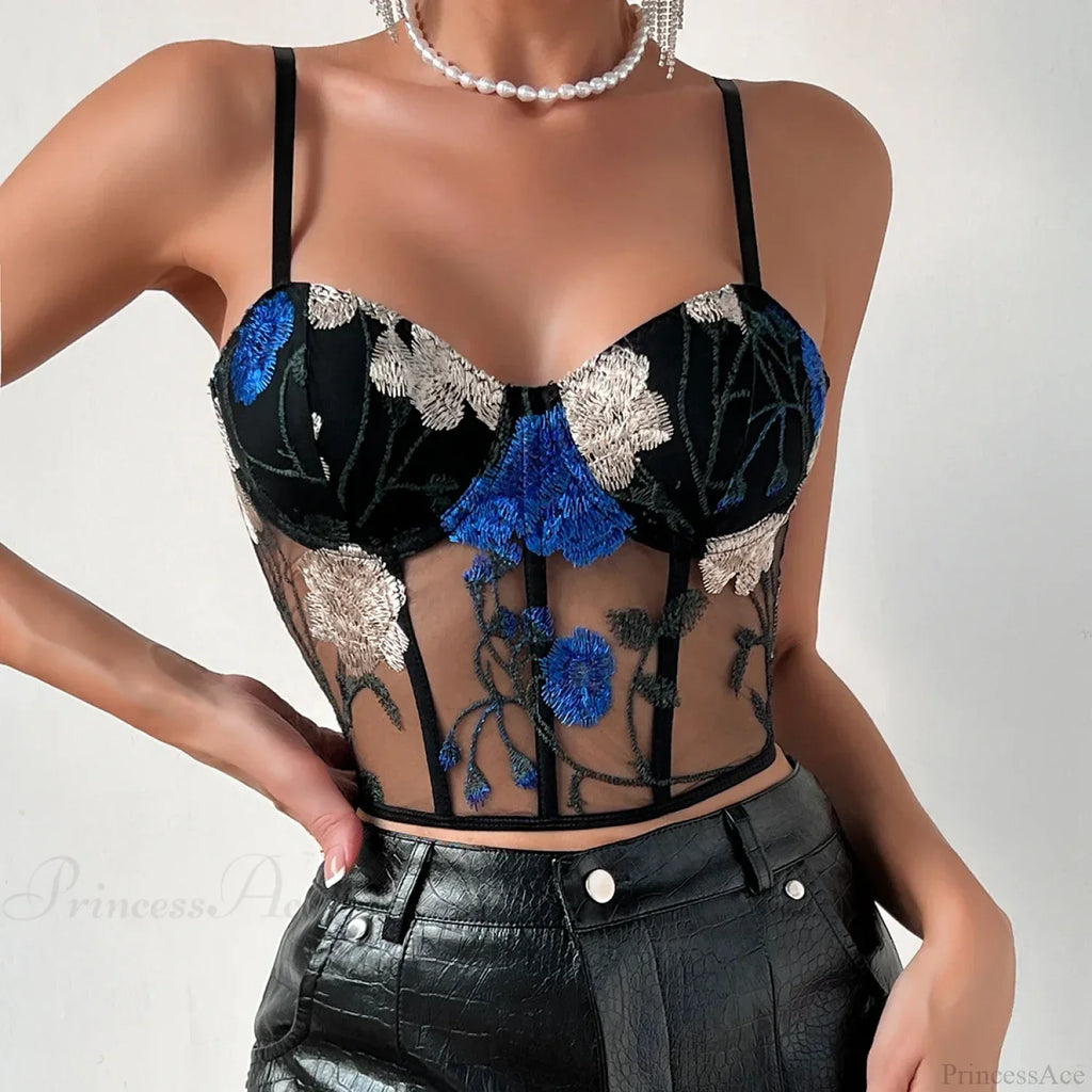 Embroidery Mesh Tank Top Sexy Slim Bustier image 3