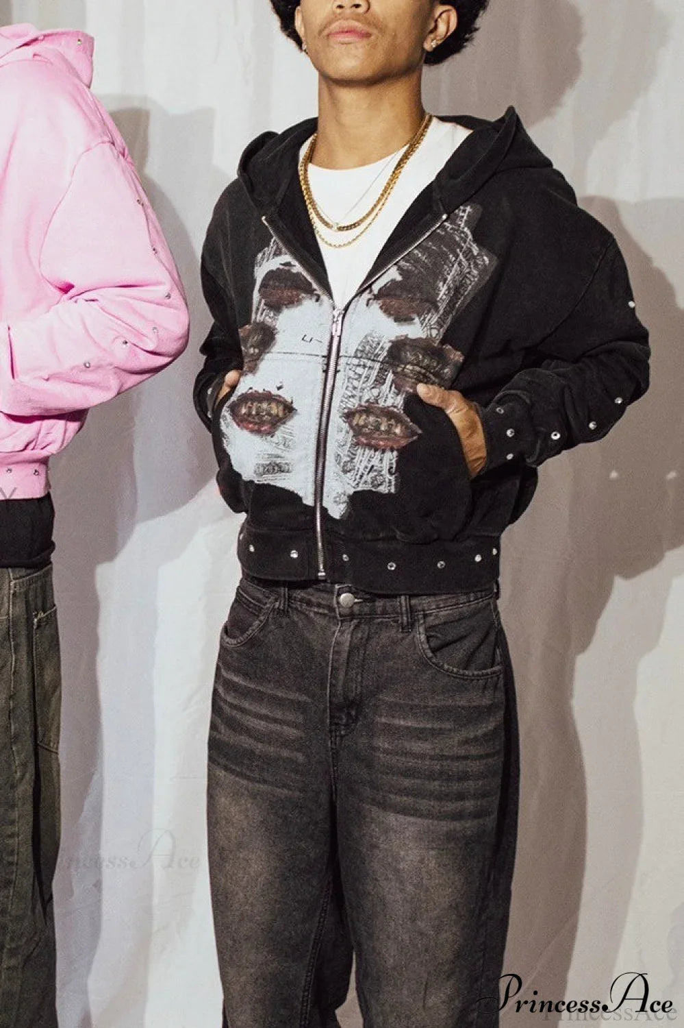 Embroidery Rhinestone Print Zip Hoodie image 5