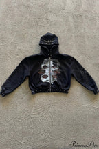 Embroidery Rhinestone Print Zip Hoodie image 3